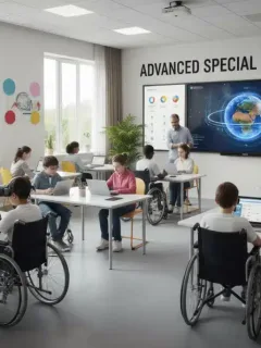 Students with disabilities and educators in an inclusive 2026 classroom, dynamic and collaborative.