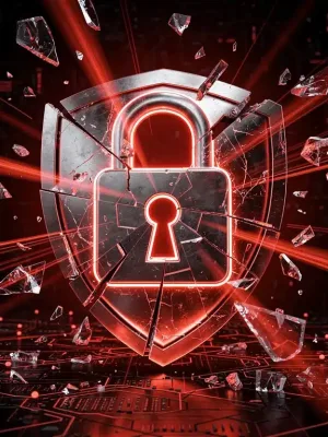 Broken digital shield over network, symbolizing data breach vulnerability