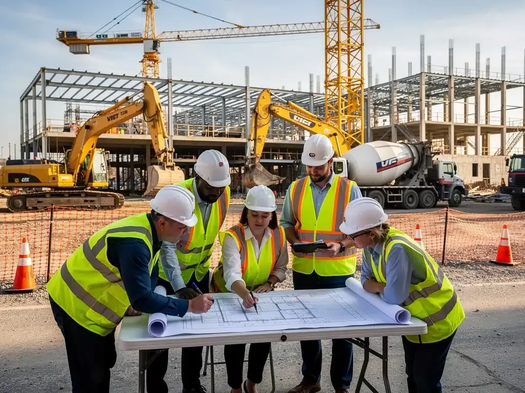 Construction workers reviewing plans for new infrastructure projects