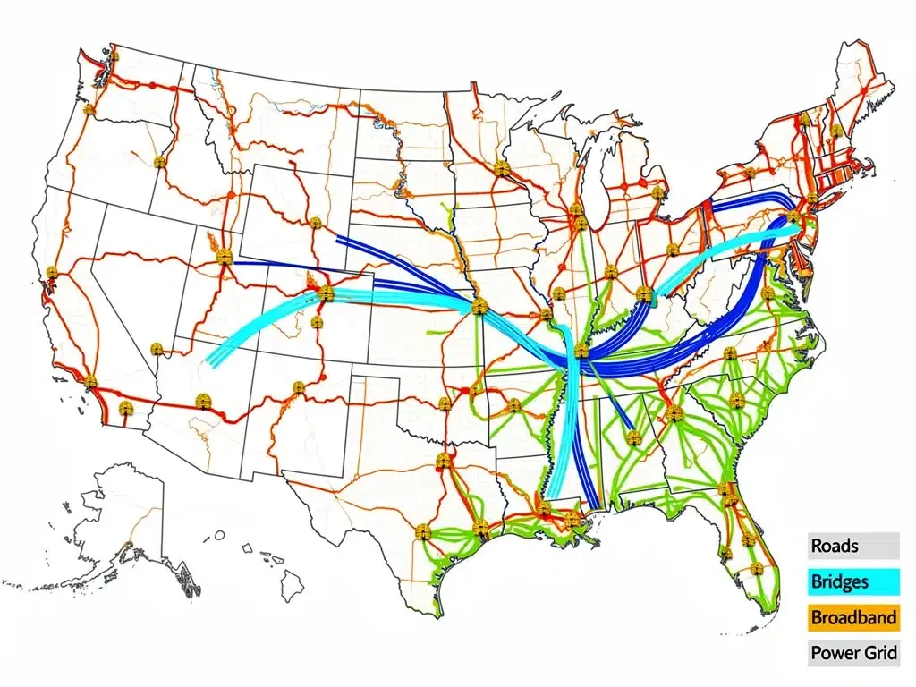 Map of the United States showing national infrastructure improvements