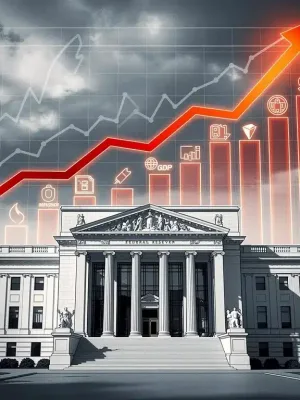 Federal Reserve building with interest rate hike graph and inflation indicators