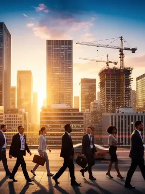 Skyline of a vibrant city at dawn, symbolizing strong economic growth and job creation.
