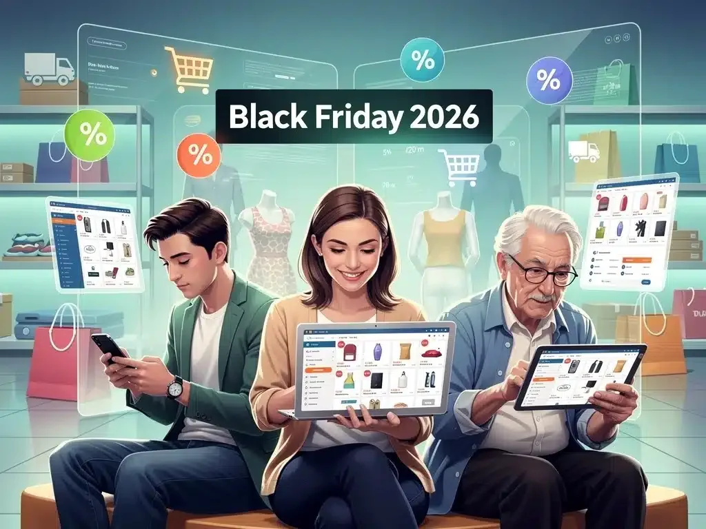 Consumers engaging in online shopping for Black Friday deals.