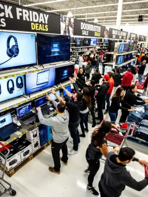 Shoppers eagerly participating in Black Friday sales at a U.S. retail store.