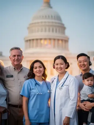 Diverse group symbolizing expanded healthcare access with US Capitol in background.