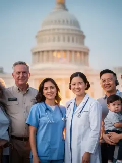 Diverse group symbolizing expanded healthcare access with US Capitol in background.