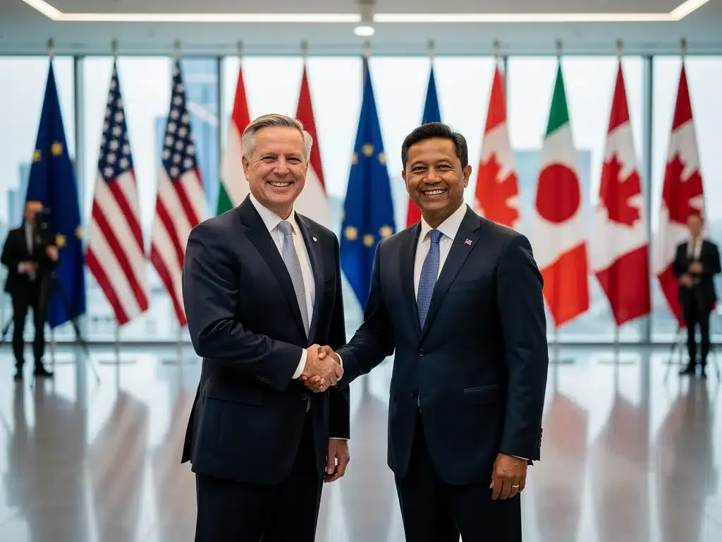 Business leaders shaking hands over a trade agreement, symbolizing international cooperation.