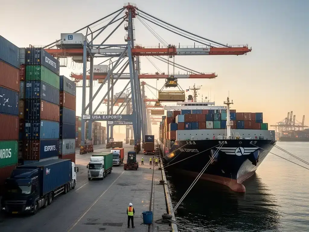Cargo ship being loaded at a bustling port, signifying increased US export volume.