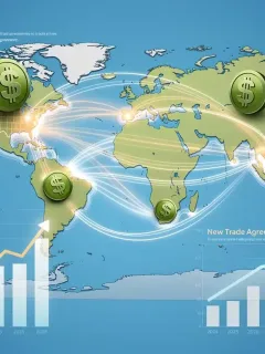 Global trade map showing increased US exports and economic growth projections.