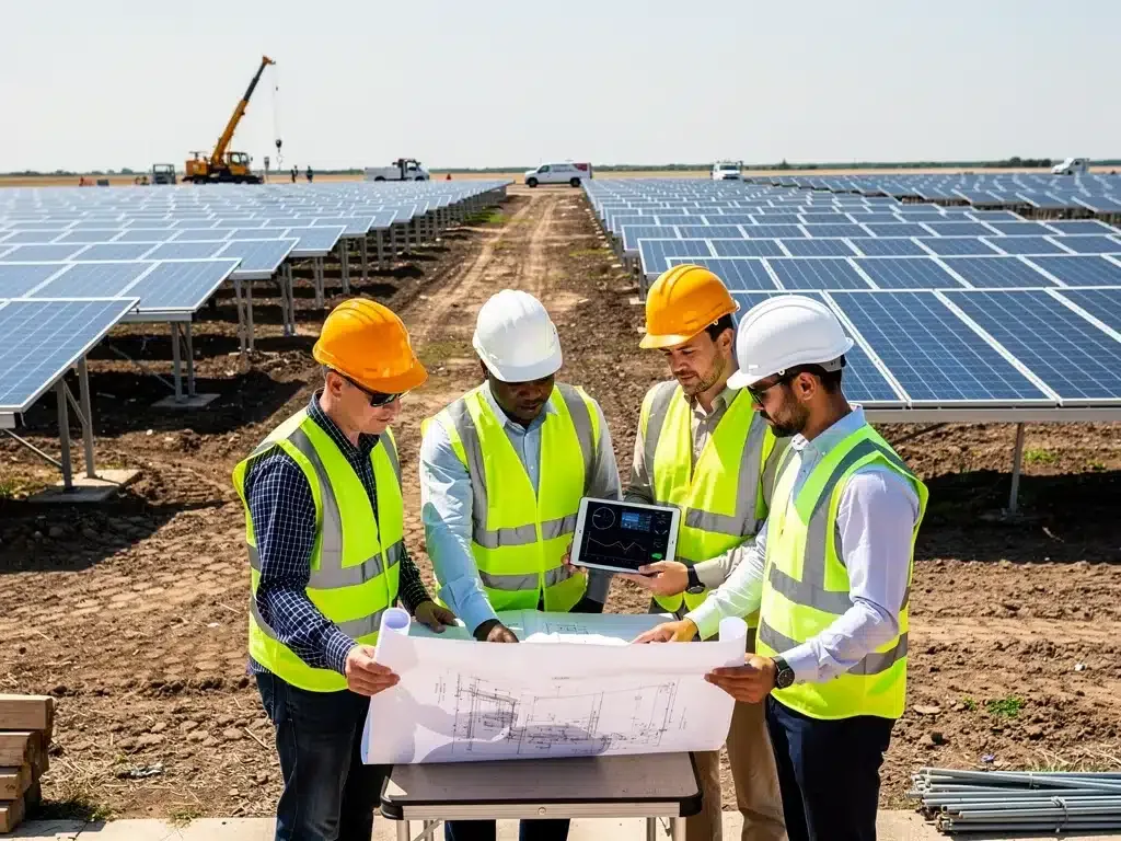 Engineers planning new solar farm construction with federal grants