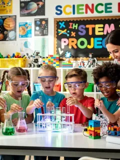 Children engaged in K-12 STEM learning with hands-on science experiment