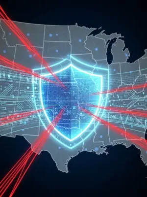 Digital shield protecting a network from cyber threats, representing national security against a US map.