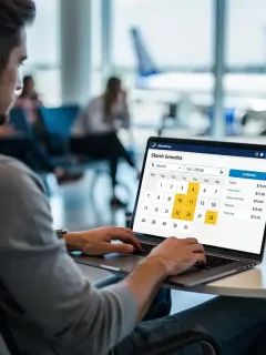 Traveler planning flight 3 months out on laptop, saving money on airfare.