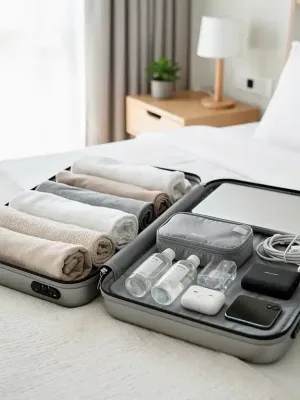 Efficiently packed suitcase with rolled clothes for a 7-day trip