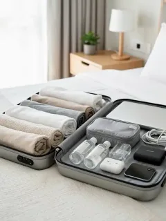 Efficiently packed suitcase with rolled clothes for a 7-day trip
