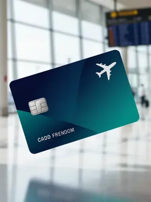 Modern credit card with airplane symbol at airport terminal