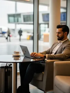 Traveler working productively in a modern airport lounge during a layover.