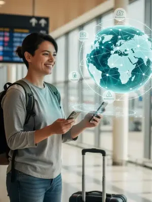 Traveler using smartphone with global network, depicting mobile data abroad in 2026