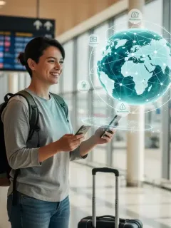 Traveler using smartphone with global network, depicting mobile data abroad in 2026