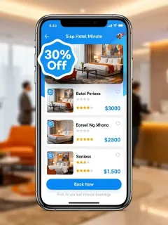 Smartphone displaying a 30% off hotel deal on a booking app, symbolizing last-minute savings.