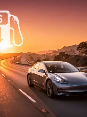Fuel-efficient car on U.S. highway with gas pump overlay, symbolizing 2026 road trip savings.