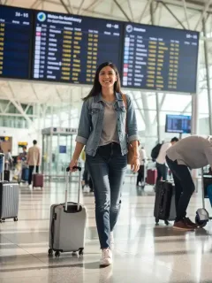 Smart traveler with a light carry-on bag, avoiding baggage fees