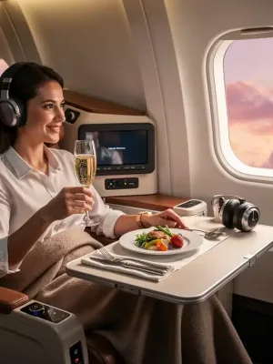 Traveler enjoying an upgraded airline seat with premium service