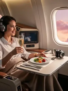 Traveler enjoying an upgraded airline seat with premium service