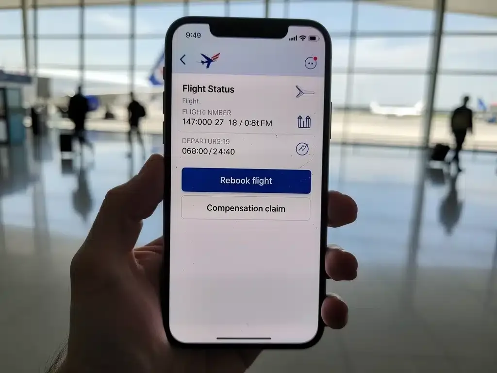 Smartphone displaying airline app for rebooking or compensation.