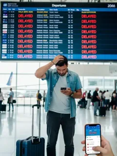 Traveler checking delayed flight information on a smartphone at an airport terminal.