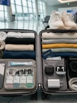 Efficiently packed suitcase for a 7-day trip, showcasing smart organization and lightweight essentials for 2026 travel.