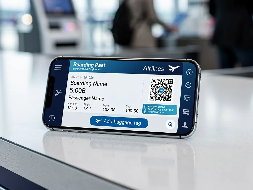 Digital boarding pass showing pre-printed baggage tag option on a smartphone.