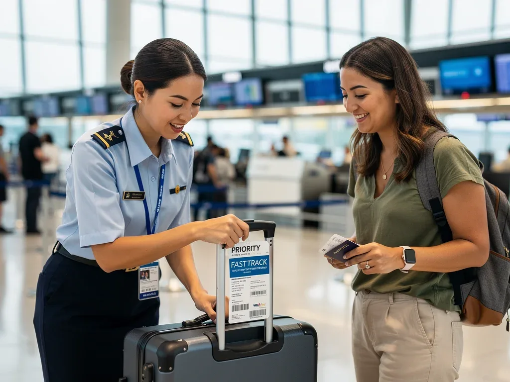 Airport staff helping passenger with priority baggage tag for expedited service.