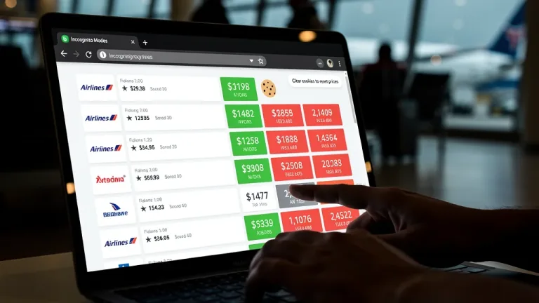 Incognito browser with flight search results, highlighting dynamic pricing on U.S. airlines.