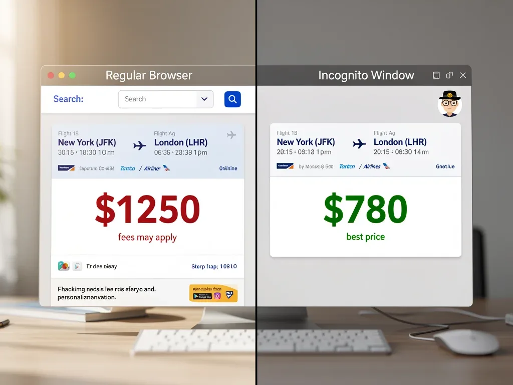 Comparison of flight prices: regular browser versus incognito mode.
