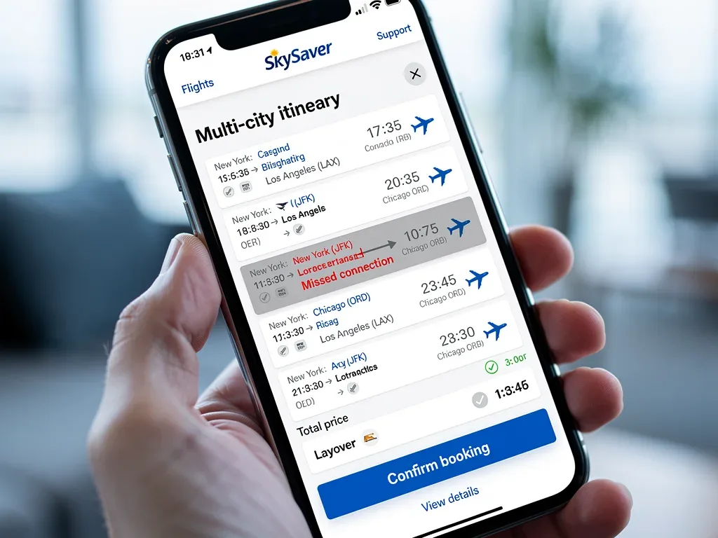 Smartphone screen showing complex flight itinerary with missed connection for hidden-city ticketing.