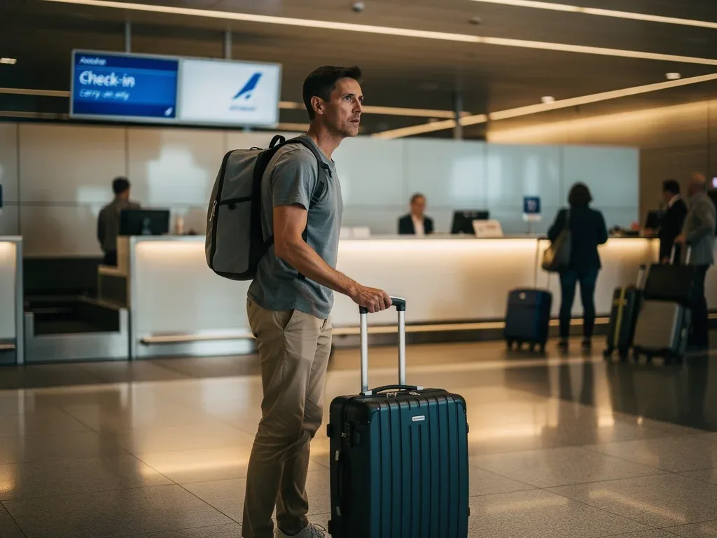 Traveler at airline check-in counter with carry-on, avoiding checked luggage for hidden-city flight.