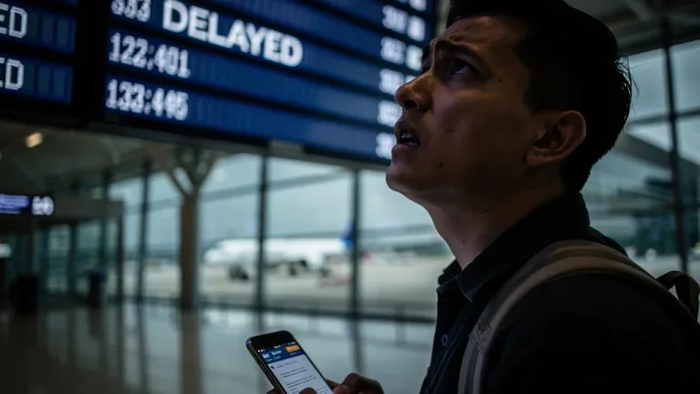 Frustrated passenger looking at a delayed flight departure board