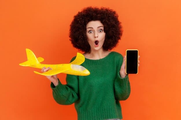 A person holding a smartphone showing a flight booking confirmation, with a celebratory expression, and a blurred background of distant, iconic city skylines, symbolizing successful travel planning and savings.