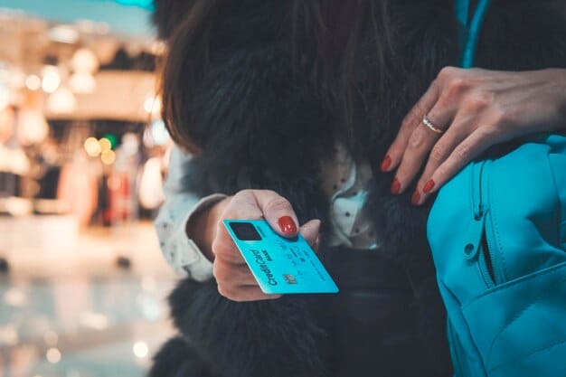 A hand holding a credit card displaying airline loyalty benefits, with a background of airport check-in counters.