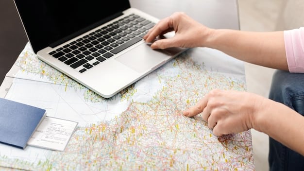 A person's hands typing on a laptop keyboard, with a complex flight route map displayed on the screen, indicating strategic travel planning.