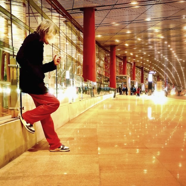 A traveler quickly walking through a brightly lit modern airport terminal, with luggage in tow, suggesting swift and efficient movement.