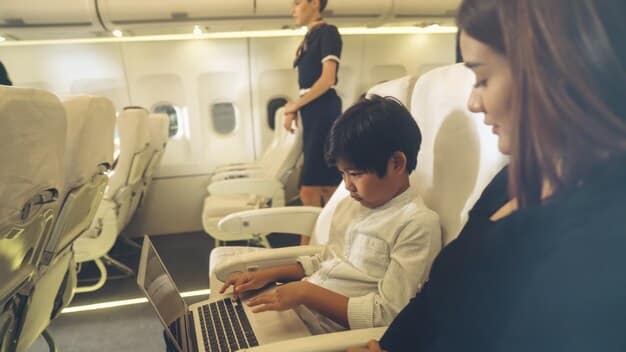 A family sitting comfortably in an airport lounge, with children reading books and parents enjoying a quiet moment before their flight.