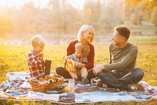 A happy family (parents and children) enjoying a picnic in a beautiful park with a city skyline in the background, showing cost-effective family fun.