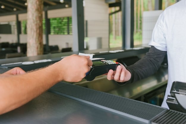 A person's hand tapping a credit card on a payment terminal at a grocery store, with a subtle overlay of flight paths and hotel icons, illustrating points earned from daily shopping.