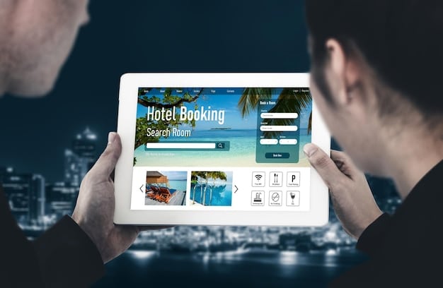 A close-up of a tablet screen showing different hotel options and prices on a booking app, with a person's hand pointing at a featured deal, suggesting ease of access to lodging deals.