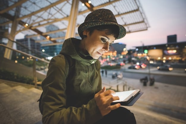 A traveler is looking at their phone, showing a map app with public transportation routes highlighted, in a bustling city street, emphasizing navigation and local travel.