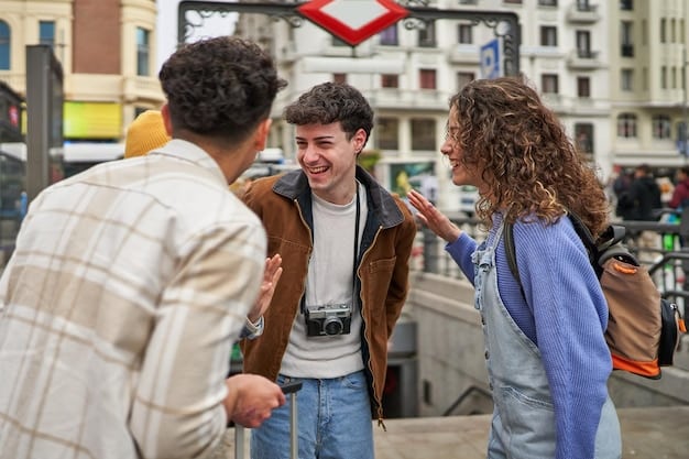 A group of friends smiling and talking to a local tour guide in a bustling market, with the guide holding up fingers to indicate a special price, illustrating successful negotiation for an activity.