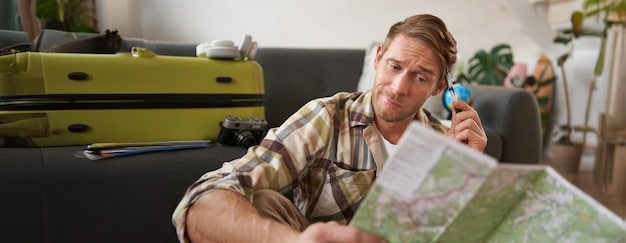 A traveler looking confused while trying to compare multiple complex travel insurance policy documents scattered on a table, with small icons representing different coverage types like medical, cancellation, and baggage, highlighting the challenge of choosing the right plan.