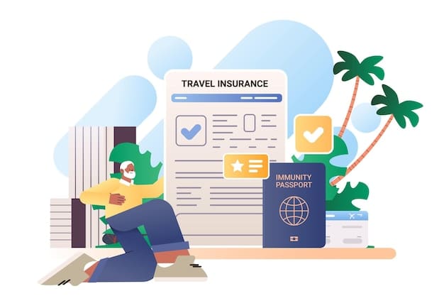 A detailed illustration of a travel insurance policy document with specific clauses highlighted in red, emphasizing exclusions and fine print, surrounded by magnifying glasses, symbolizing the need for careful review.